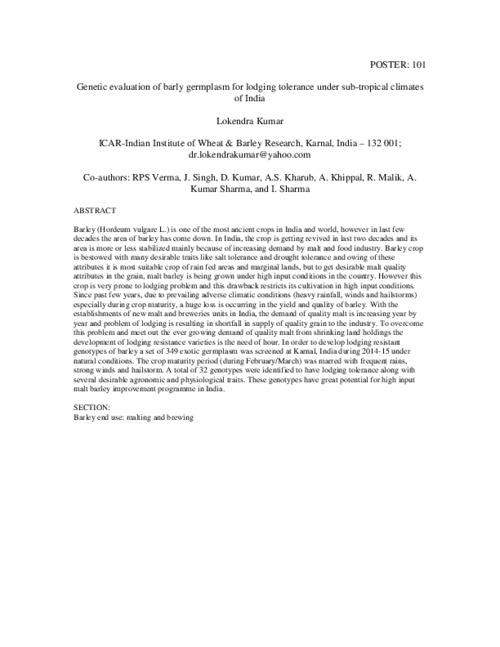 Genetic evaluation of barly germplasm for lodging tolerance under sub-tropical climates of India