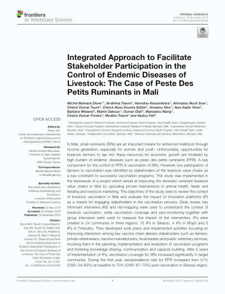 Integrated approach to facilitate stakeholder participation in the control of endemic diseases of livestock: The case of peste des petits ruminants in Mali