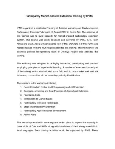 Report of the training of trainers workshop on market-oriented participatory extension, Debre Zeit, 6-11 August 2007