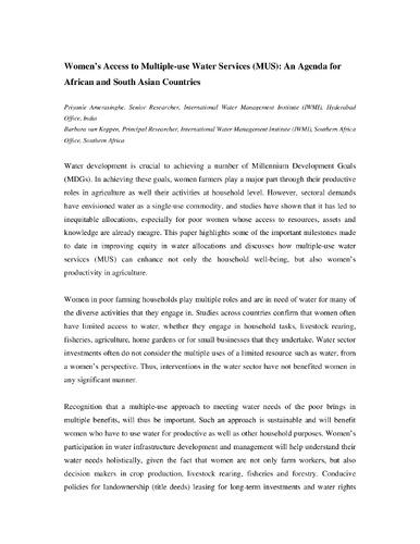 Women?s access to Multiple-use Water Services (MUS): an agenda for African and South Asian countries [Abstract only].