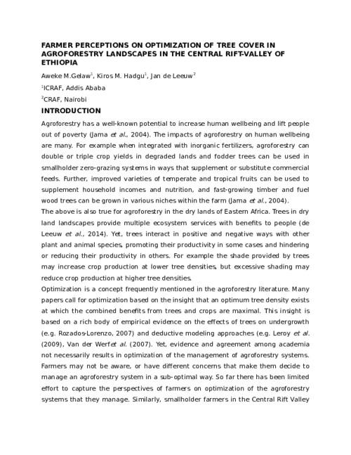 Farmer Perceptions on Optimization of Tree Cover in Agroforestry Landscapes in the Central Rift-Valley of Ethiopia