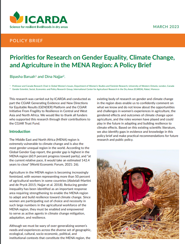 Priorities for Research on Gender Equality, Climate Change, and Agriculture in the MENA Region: A Policy Brief