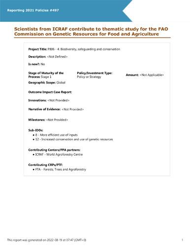 Scientists from ICRAF contribute to thematic study for the FAO Commission on Genetic Resources for Food and Agriculture