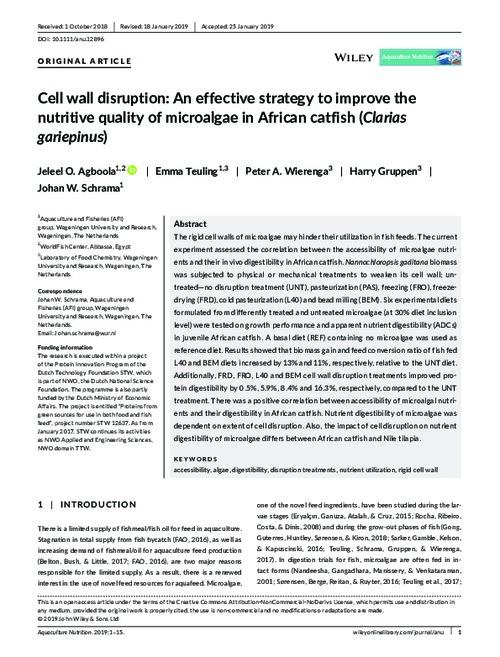 Cell wall disruption: An effective strategy to improve the nutritive quality of microalgae in African catfish (Clarias gariepinus)