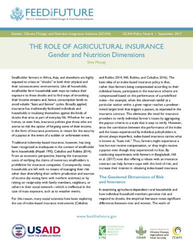 The role of agricultural insurance: Gender and nutrition dimensions