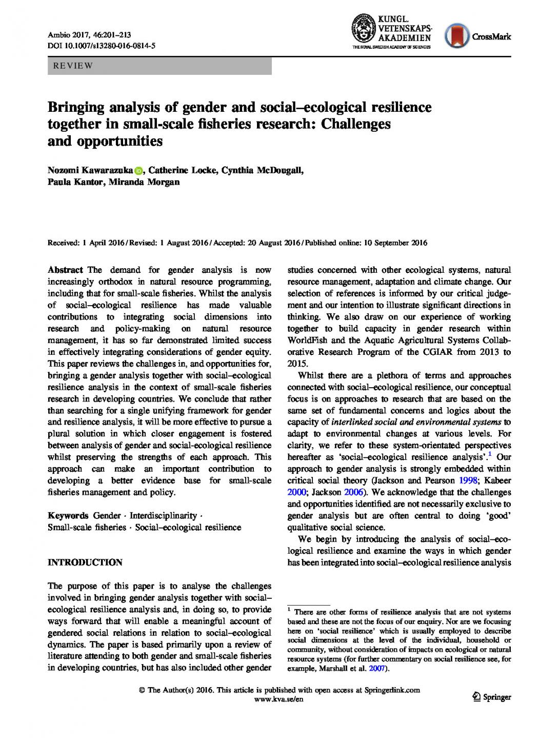 Bringing analysis of gender and social-ecological resilience together in small-scale fisheries research: Challenges and opportunities