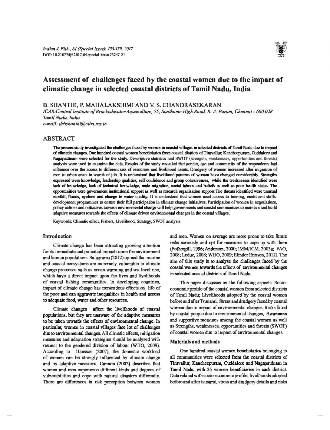 Assessment of challenges faced by the coastal women due to the impact of climatic change in selected coastal districts of Tamil Nadu, India