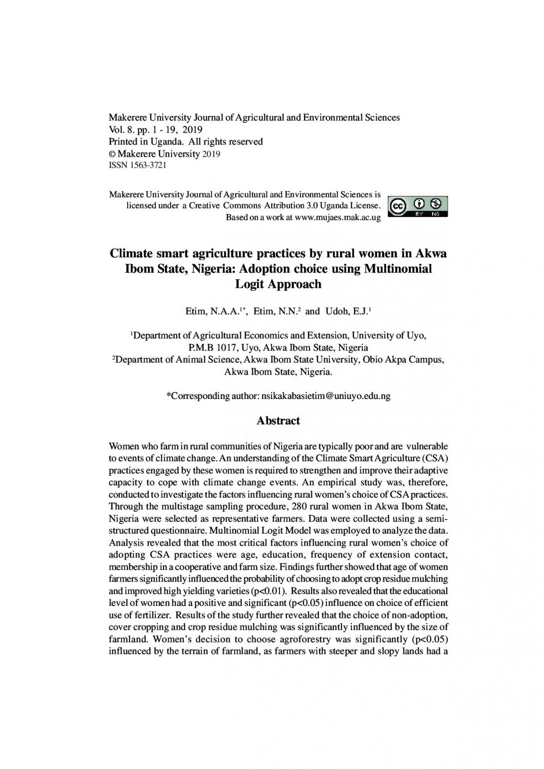 Climate smart agriculture practices by rural women in Akwa Ibom State, Nigeria: Adoption choice using Multinomial Logit Approach.