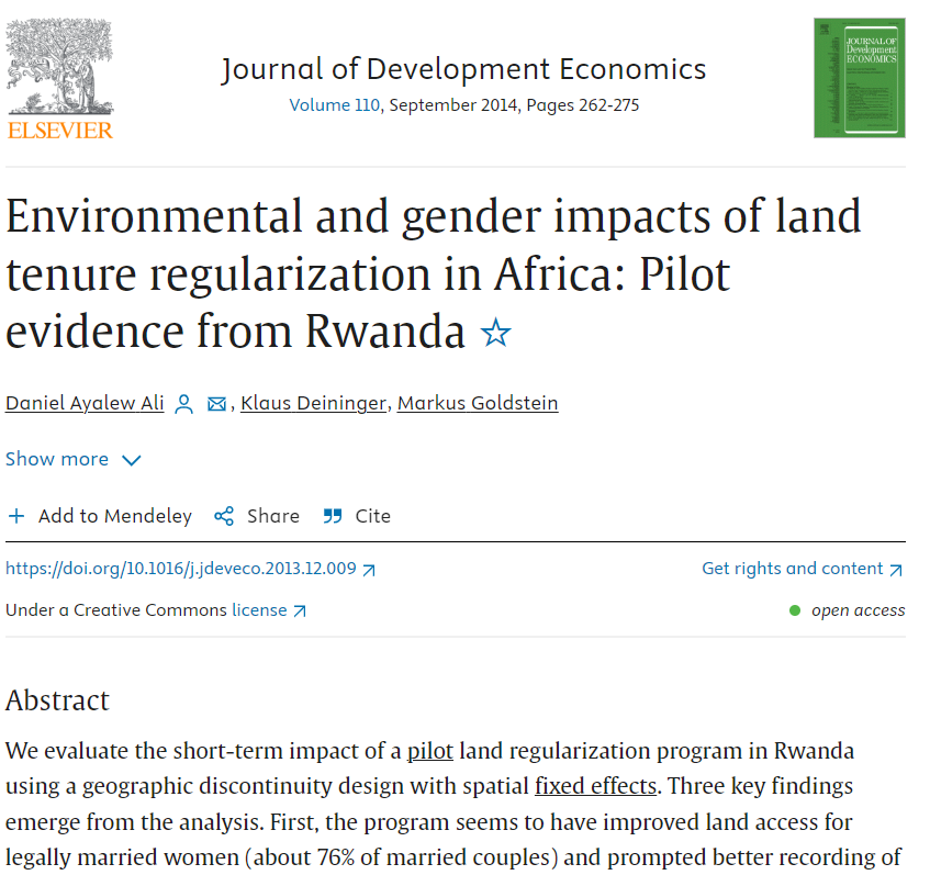 Environmental and gender impacts of land tenure regularization in Africa: Pilot evidence from Rwanda
