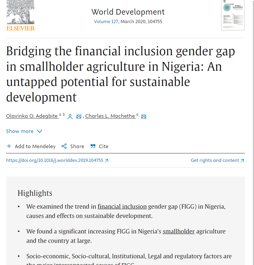 Bridging the financial inclusion gender gap in smallholder agriculture in Nigeria: An untapped potential for sustainable development