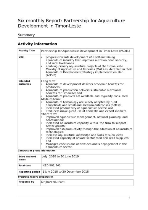 New Zealand Aid_Partnership for Aquaculture Development in Timor-Leste_Six monthly Report_1 July 2018 to 30 December 2018