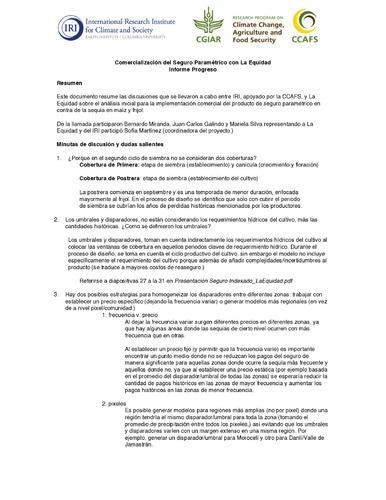 Comercialización del Seguro Paramétrico con La Equidad Informe Progreso