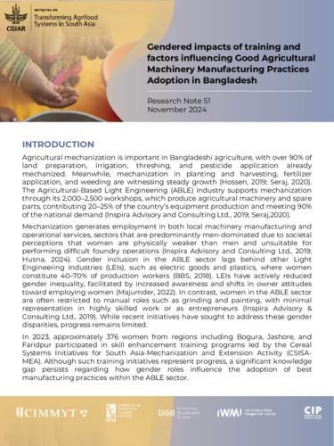 Gendered impacts of training and factors influencing Good Agricultural Machinery Manufacturing Practices Adoption in Bangladesh