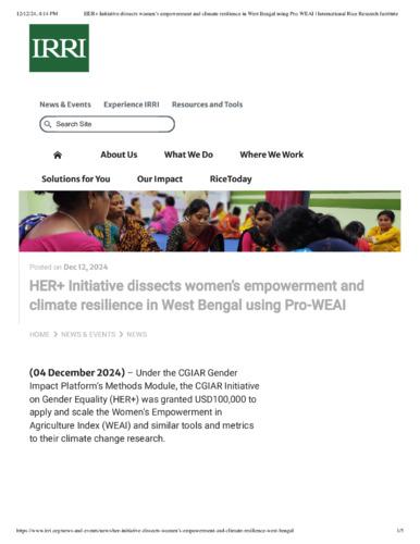 HER+ Initiative dissects women’s empowerment and climate resilience in West Bengal using Pro-WEAI