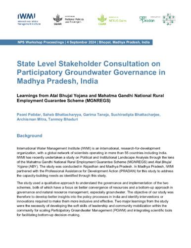 State level stakeholder consultation on participatory groundwater governance in Madhya Pradesh, India: learnings from Atal Bhujal Yojana and Mahatma Gandhi National Rural Employment Guarantee Scheme (MGNREGS)