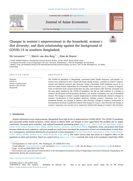 Changes in women's empowerment in the household, women's diet diversity, and their relationship against the background of COVID-19 in southern Bangladesh