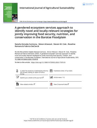 A gendered ecosystem services approach to identify novel and locally-relevant strategies for jointly improving food security, nutrition, and conservation in the Barotse Floodplain