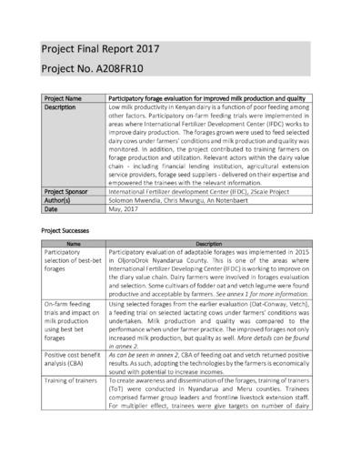 Participatory forage evaluation for improved milk production and quality – final report Project No. A208FR10