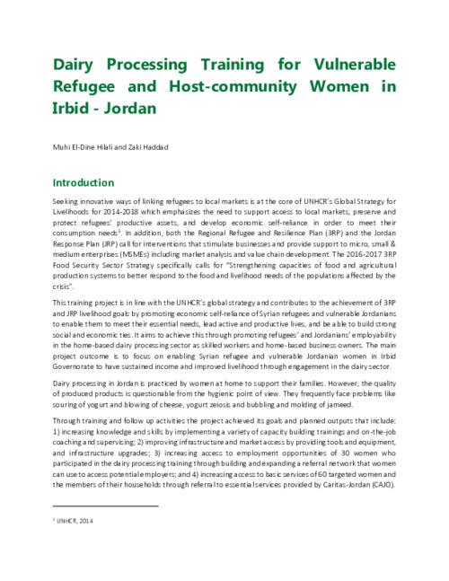 Dairy Processing Training for Vulnerable Refugee and Host-community Women in Irbid - Jordan