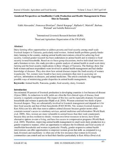 Gendered perspectives on smallholder cattle production and health management in three sites in Tanzania