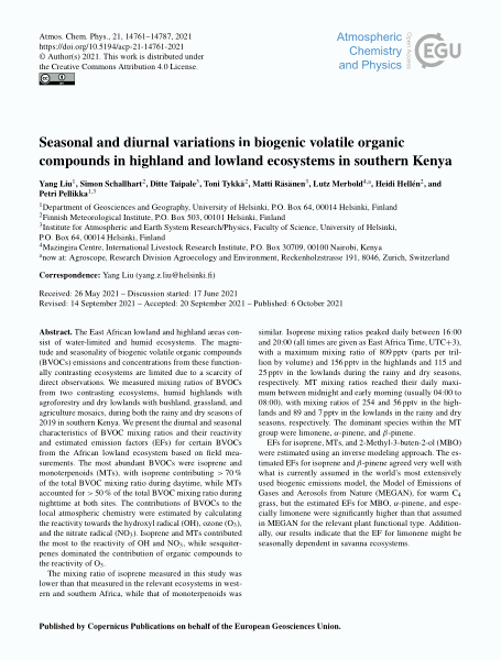 Seasonal and diurnal variations in biogenic volatile organic compounds in highland and lowland ecosystems in southern Kenya