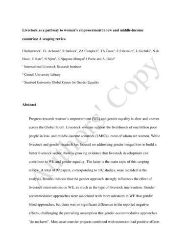 Livestock as a pathway to women’s empowerment in low- and middle-income countries: A scoping review