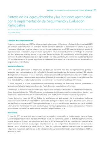 Sintesis de los logros obtenidos y las lecciones aprendidas con la implementacion del seguimiento y evaluacion participativa.