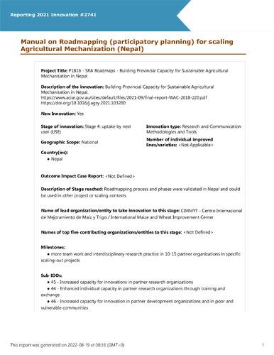 Manual on Roadmapping (participatory planning) for scaling Agricultural Mechanization (Nepal)
