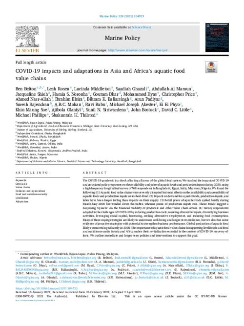 COVID-19 impacts and adaptations in Asia and Africa’s aquatic food value chains