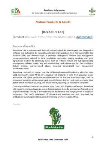 Mature products & assests: RiceAdvice Lite