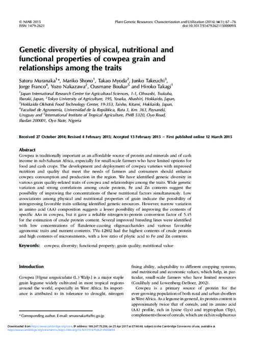 Genetic diversity of physical, nutritional and functional properties of cowpea grain and relationships among the traits