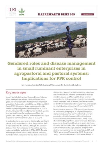 Gendered roles and disease management in small ruminant enterprises in agropastoral and pastoral systems: Implications for PPR control