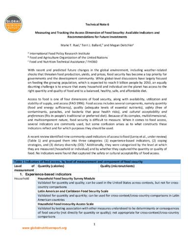 Measuring and tracking the access dimension of food security: Available indicators and recommendations for future investments