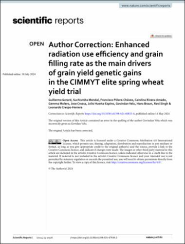 Author Correction: Enhanced radiation use efficiency and grain filling rate as the main drivers of grain yield genetic gains in the CIMMYT elite spring wheat yield trial