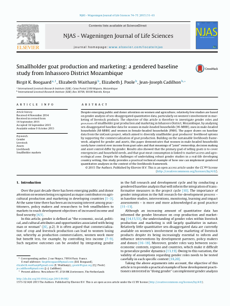 Smallholder goat production and marketing: A gendered baseline study from Inhassoro District Mozambique