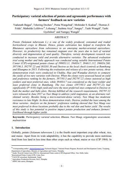 Participatory varietal selection of potato and agronomic performance with farmers’ feedback on new varieties.