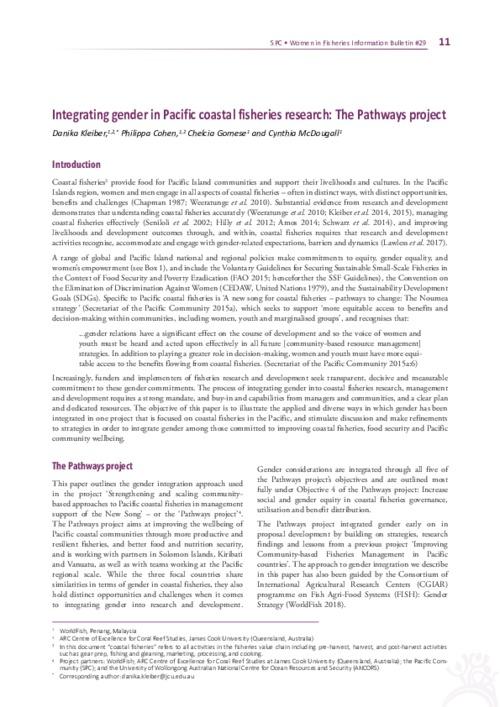 Integrating gender in Pacific coastal fisheries research: The Pathways project