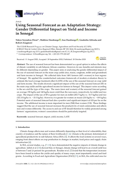 Using Seasonal Forecast as an Adaptation Strategy: Gender Differential Impact on Yield and Income in Senegal