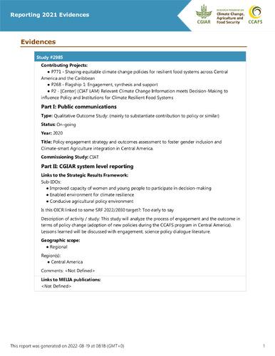 Policy engagement strategy and outcomes assessment to foster gender inclusion and Climate-smart Agriculture integration in Central America.