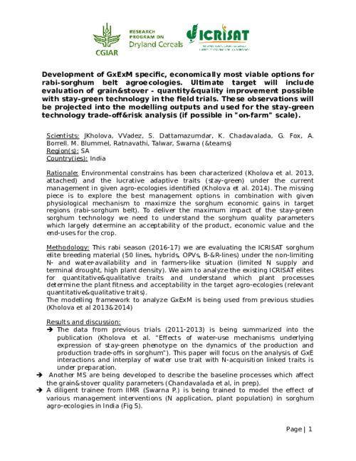 Development of GxExM specific, economically most viable options for rabi-sorghum belt agroecologies