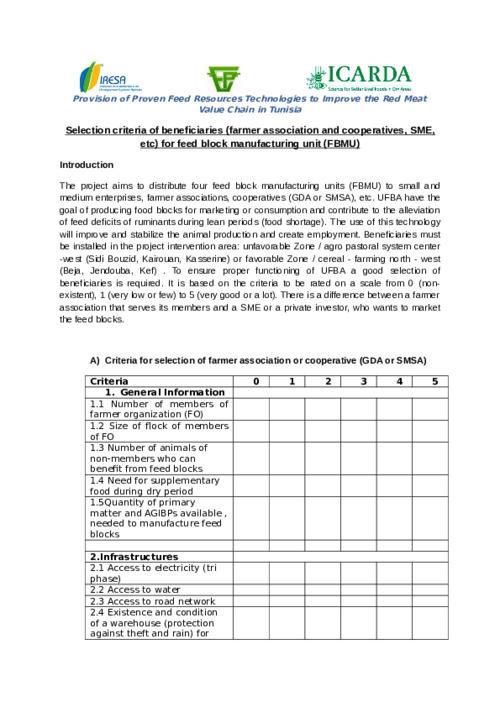 Selection criteria of beneficiaries (farmer association and cooperatives, SME, etc) for feed block manufacturing units (FBMU)