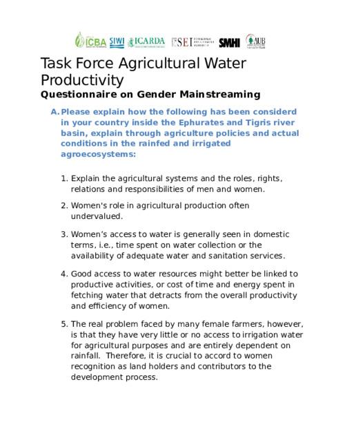 Task Force Agricultural Water Productivity - Questionnaire on Gender Mainstreaming