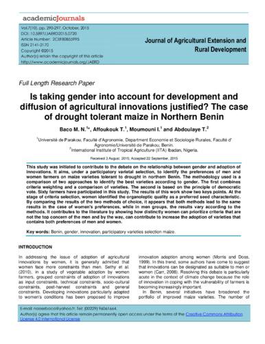 Is taking gender into account for development and diffusion of agricultural innovations justified? The case of drought tolerant maize in Northern Benin