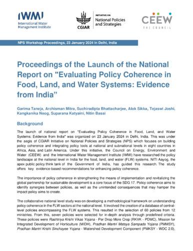 Proceedings of the launch of the national report on "Evaluating Policy Coherence in Food, Land, and Water Systems: Evidence from India", New Delhi, India, 23 January 2024