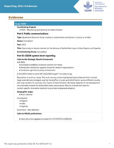 Case study on lessons learned on the delivery of biofortified crops in India, Nigeria, and Uganda