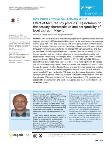 Effect of textured soy protein (TSP) inclusion on the sensory characteristics and acceptability of local dishes in Nigeria