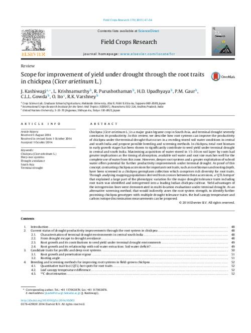 Scope for improvement of yield under drought through the root traits in chickpea (Cicer arietinum L.)