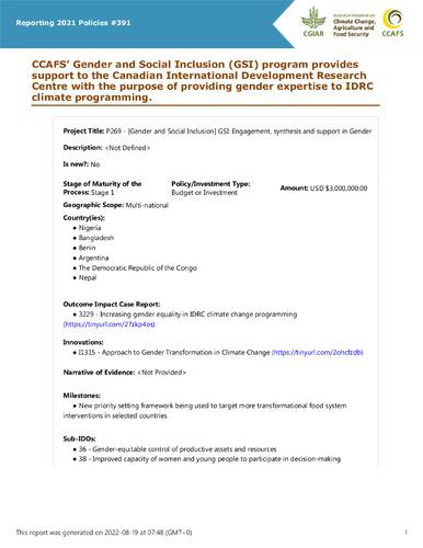 CCAFS’ Gender and Social Inclusion (GSI) program provides support to the Canadian International Development Research Centre with the purpose of providing gender expertise to IDRC climate programming.