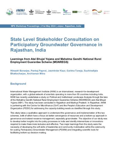 State level stakeholder consultation on participatory groundwater governance in Rajasthan, India: learnings from Atal Bhujal Yojana and Mahatma Gandhi National Rural Employment Guarantee Scheme (MGNREGS)