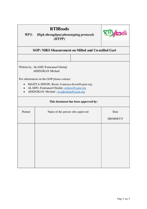 Development of SOP for NIRS Analysis of milled and Un-milled gari using Near Infrared Reflectance Spectrophotometer